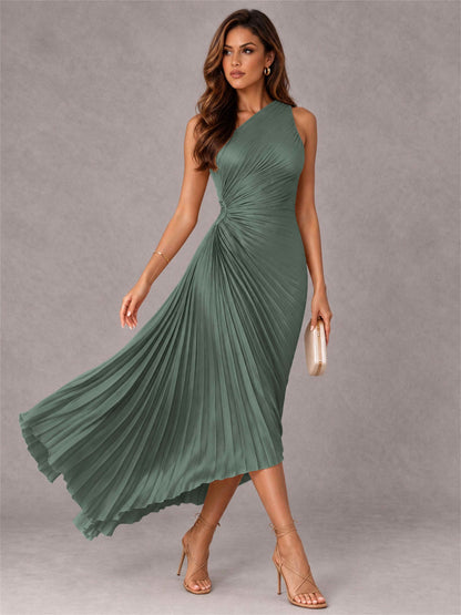 One Shoulder Ruched Satin Pleated Sleeveless Wedding Guest Dress