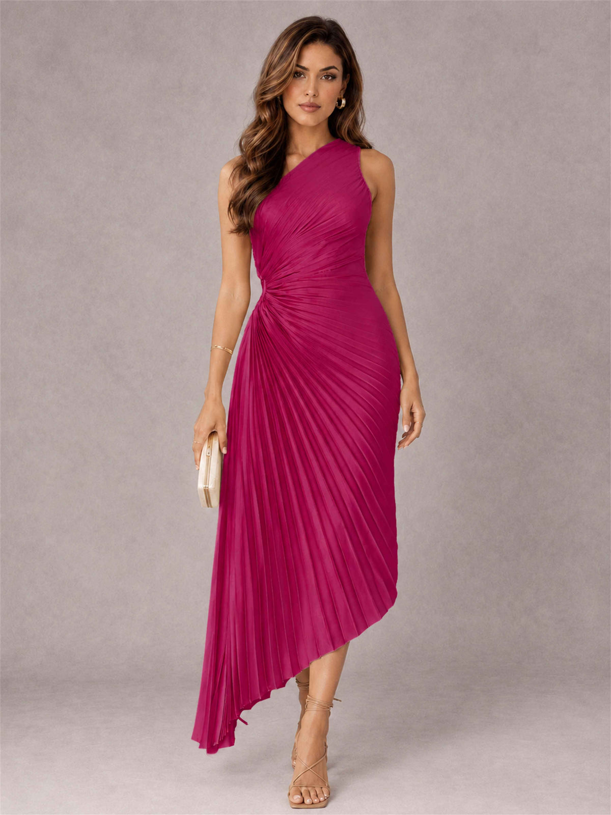 One Shoulder Ruched Satin Pleated Sleeveless Wedding Guest Dress