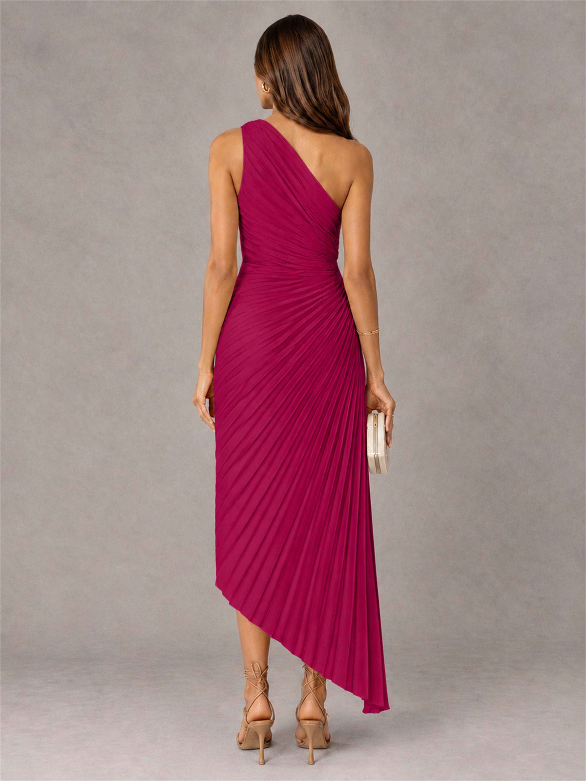 One Shoulder Ruched Satin Pleated Sleeveless Wedding Guest Dress