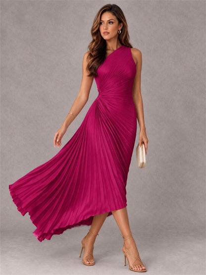 One Shoulder Ruched Satin Pleated Sleeveless Wedding Guest Dress