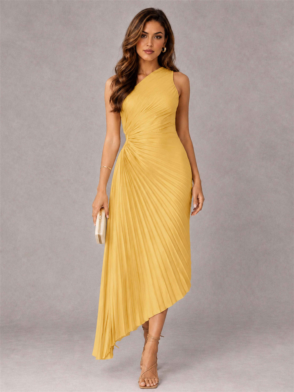One Shoulder Ruched Satin Pleated Sleeveless Wedding Guest Dress