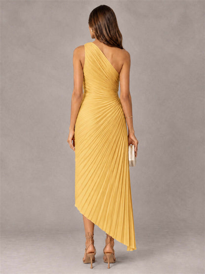 One Shoulder Ruched Satin Pleated Sleeveless Wedding Guest Dress