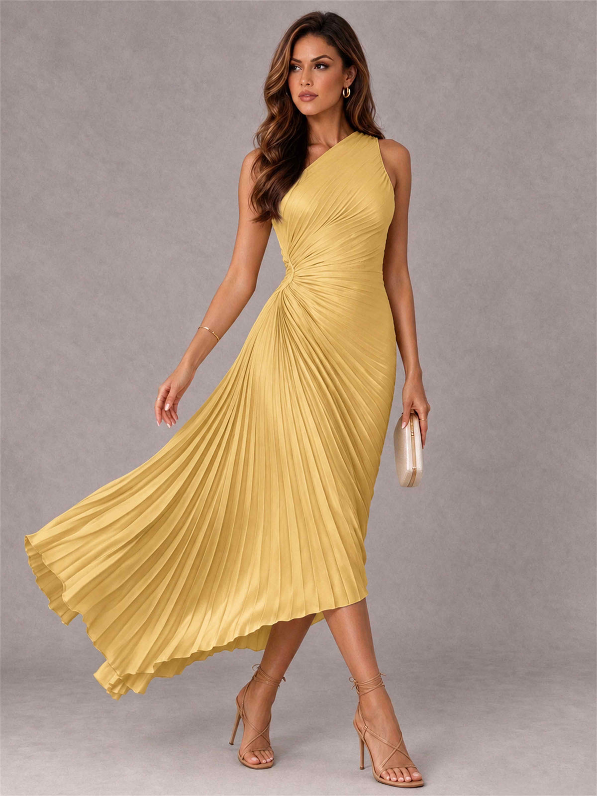 One Shoulder Ruched Satin Pleated Sleeveless Wedding Guest Dress
