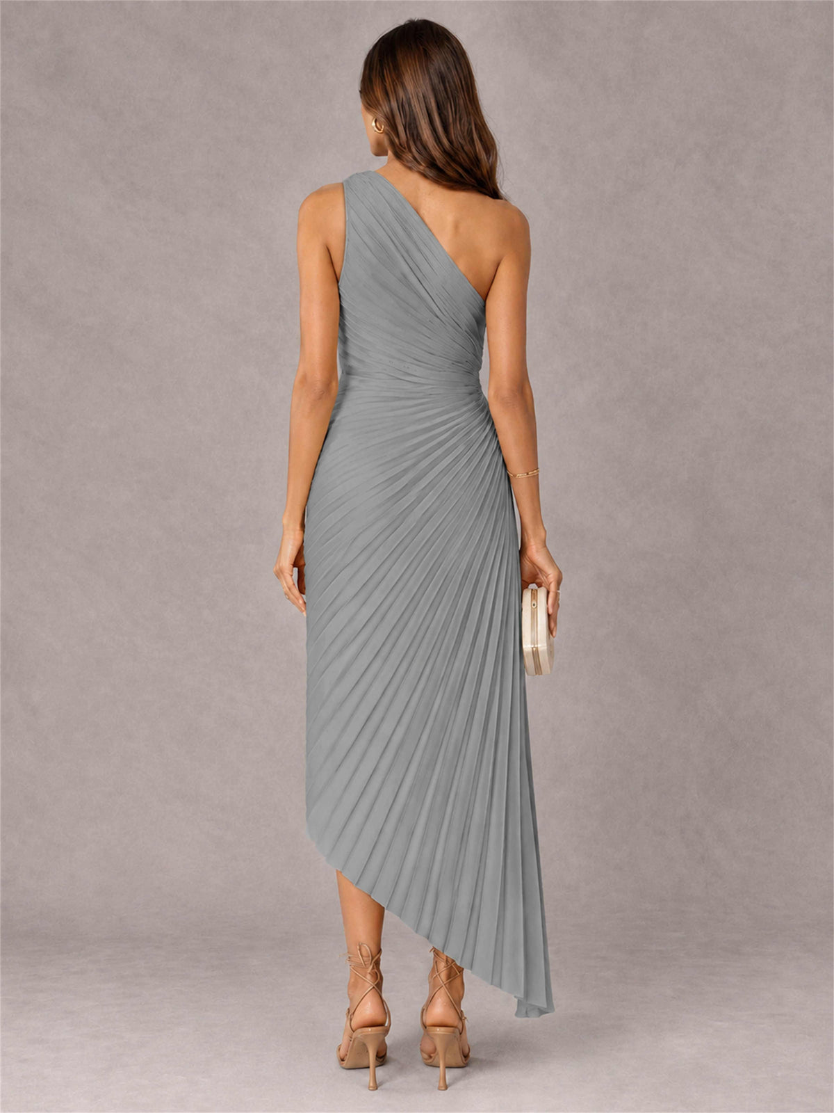 One Shoulder Ruched Satin Pleated Sleeveless Wedding Guest Dress