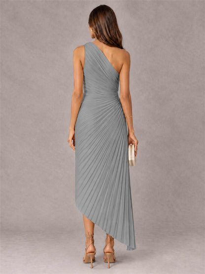 One Shoulder Ruched Satin Pleated Sleeveless Wedding Guest Dress