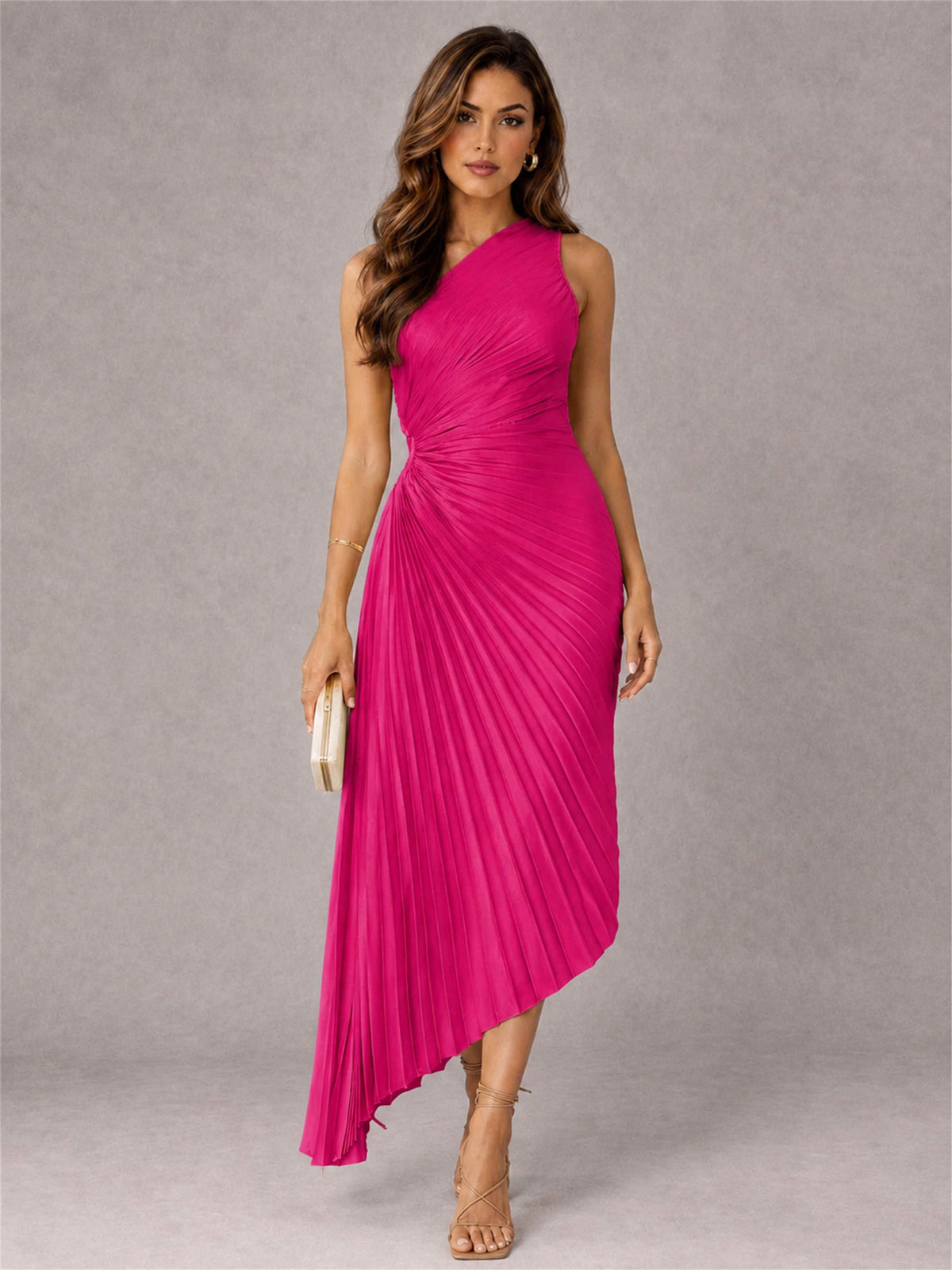 One Shoulder Ruched Satin Pleated Sleeveless Wedding Guest Dress