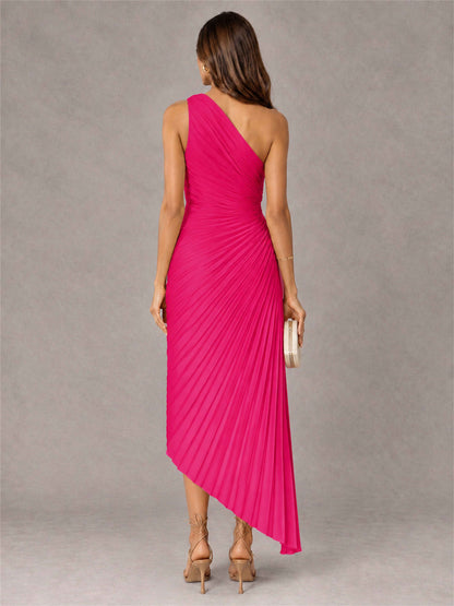 One Shoulder Ruched Satin Pleated Sleeveless Wedding Guest Dress