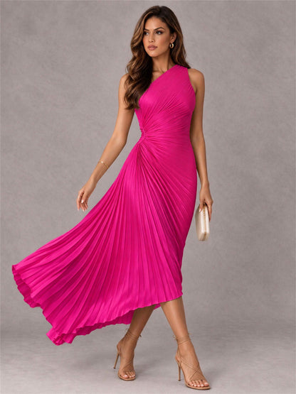 One Shoulder Ruched Satin Pleated Sleeveless Wedding Guest Dress