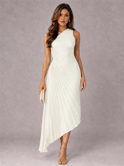One Shoulder Ruched Satin Pleated Sleeveless Wedding Guest Dress