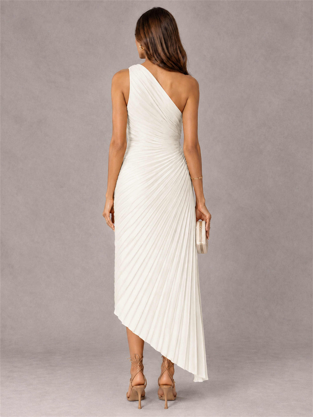 One Shoulder Ruched Satin Pleated Sleeveless Wedding Guest Dress
