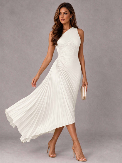 One Shoulder Ruched Satin Pleated Sleeveless Wedding Guest Dress