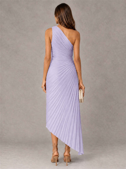 One Shoulder Ruched Satin Pleated Sleeveless Wedding Guest Dress