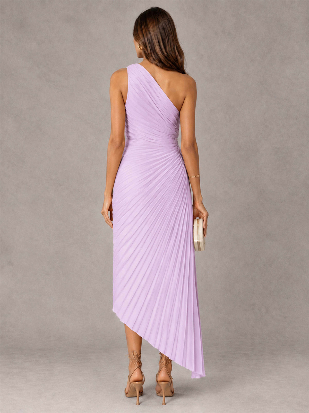 One Shoulder Ruched Satin Pleated Sleeveless Wedding Guest Dress