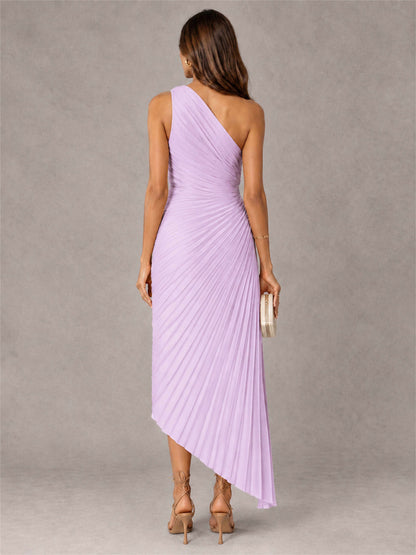 One Shoulder Ruched Satin Pleated Sleeveless Wedding Guest Dress