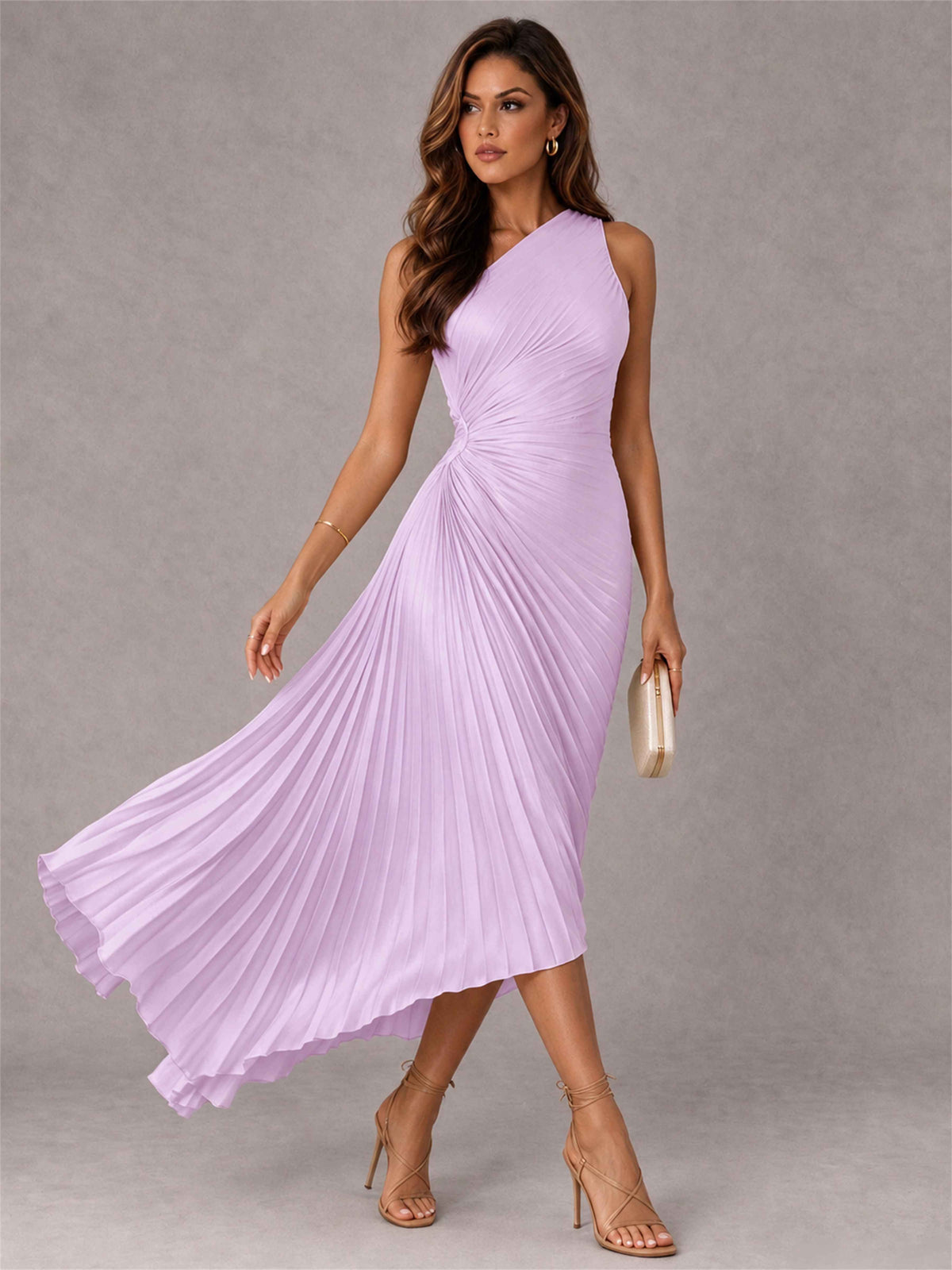 One Shoulder Ruched Satin Pleated Sleeveless Wedding Guest Dress