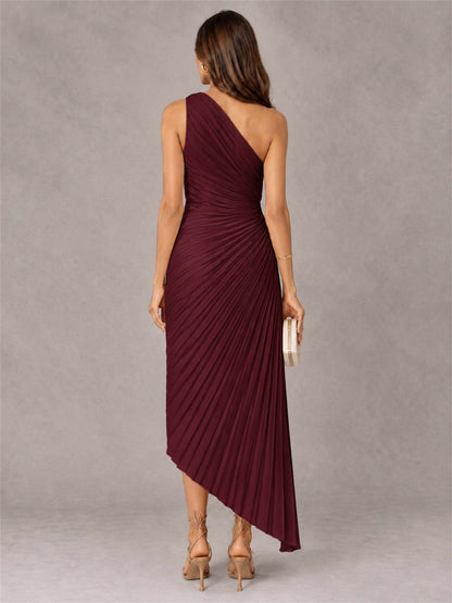 One Shoulder Ruched Satin Pleated Sleeveless Wedding Guest Dress