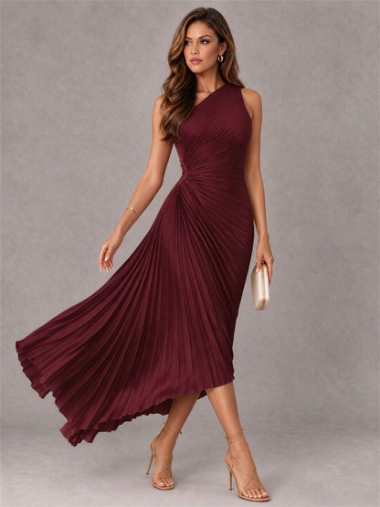 One Shoulder Ruched Satin Pleated Sleeveless Wedding Guest Dress
