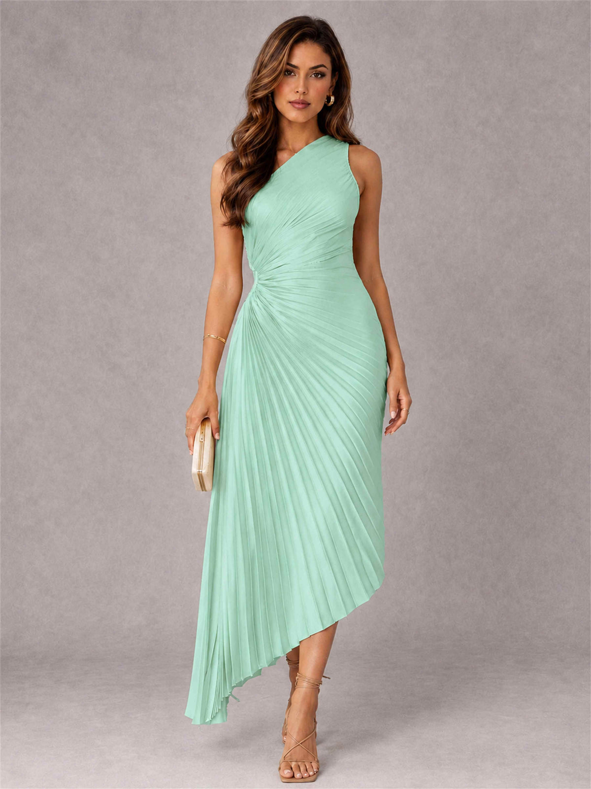 One Shoulder Ruched Satin Pleated Sleeveless Wedding Guest Dress
