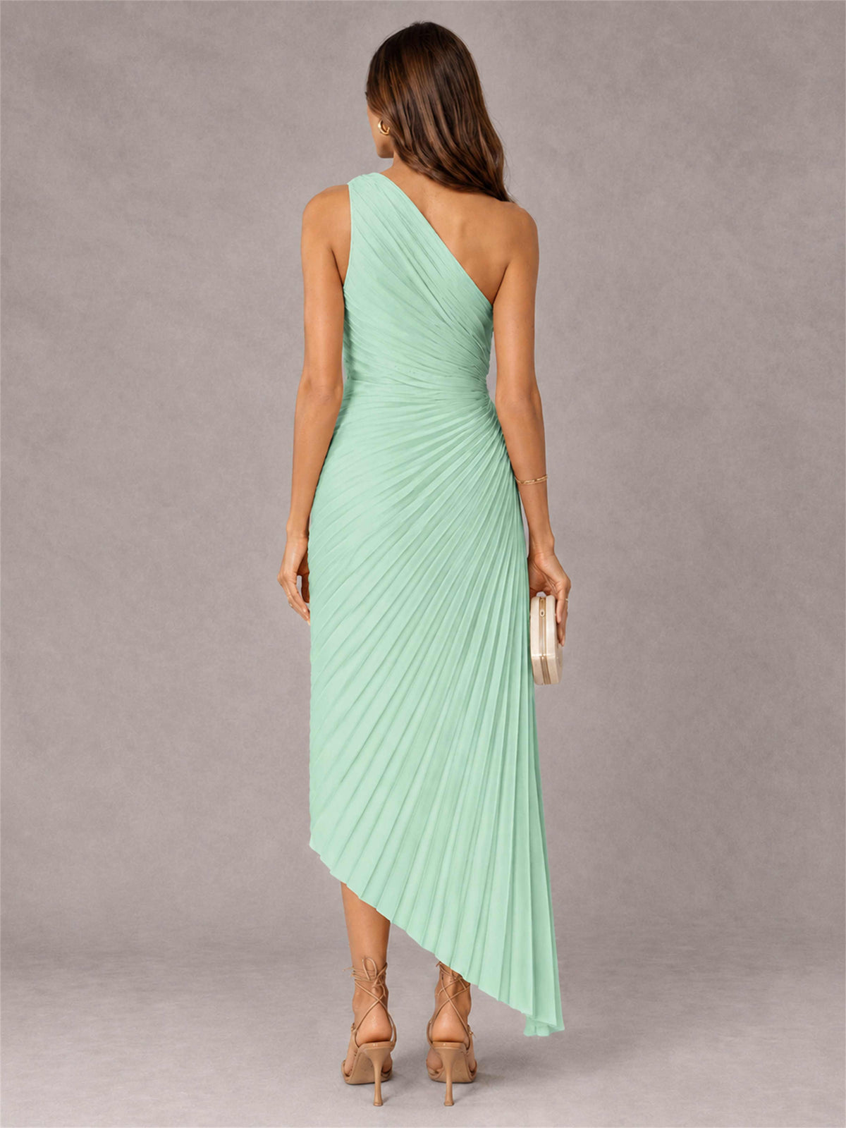 One Shoulder Ruched Satin Pleated Sleeveless Wedding Guest Dress