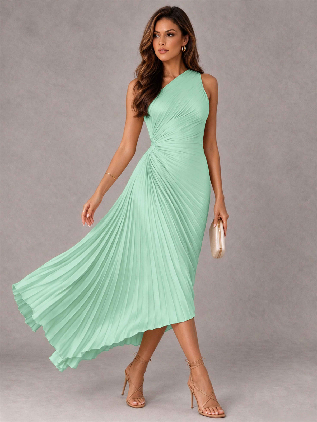 One Shoulder Ruched Satin Pleated Sleeveless Wedding Guest Dress