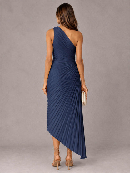 One Shoulder Ruched Satin Pleated Sleeveless Wedding Guest Dress