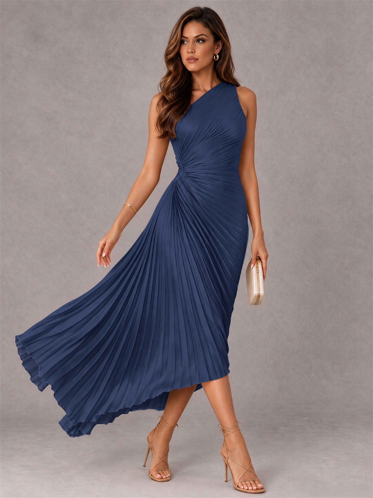One Shoulder Ruched Satin Pleated Sleeveless Wedding Guest Dress