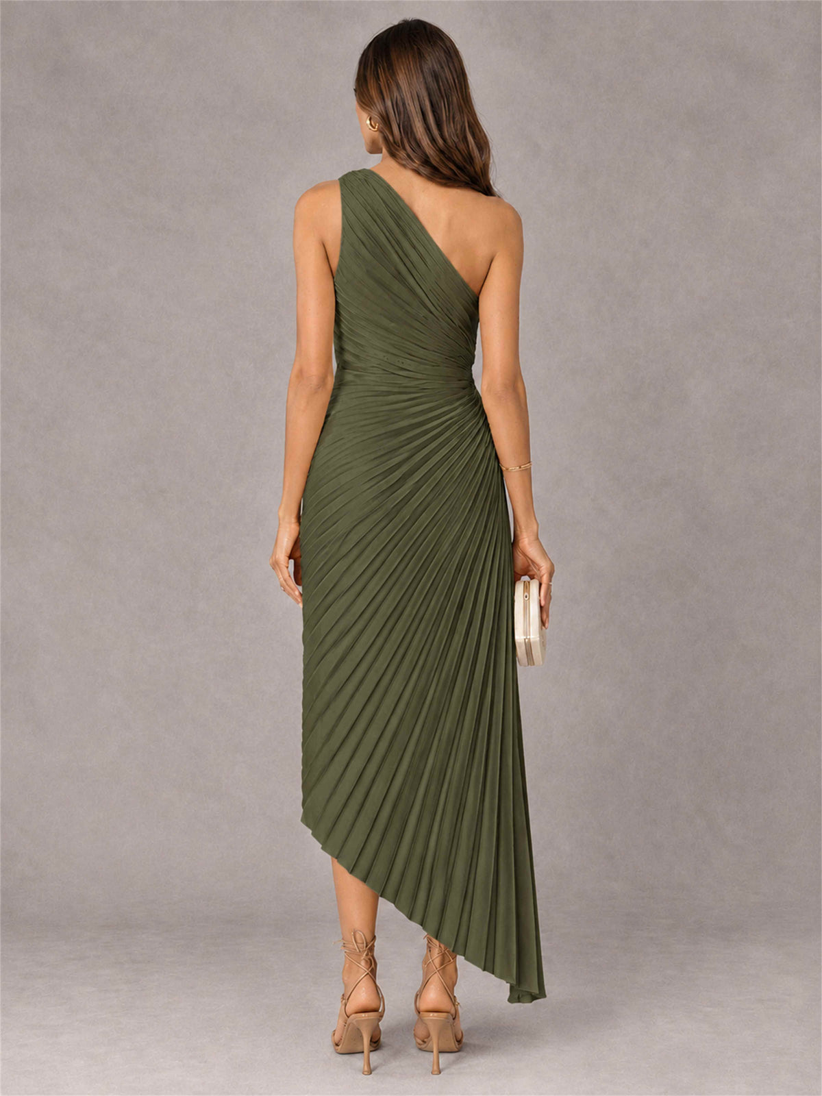 One Shoulder Ruched Satin Pleated Sleeveless Wedding Guest Dress