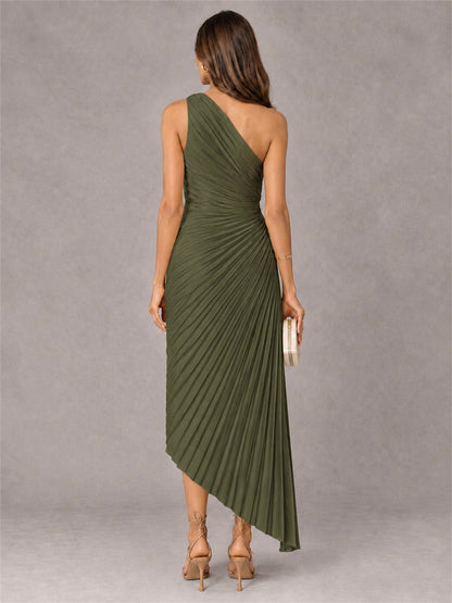 One Shoulder Ruched Satin Pleated Sleeveless Wedding Guest Dress