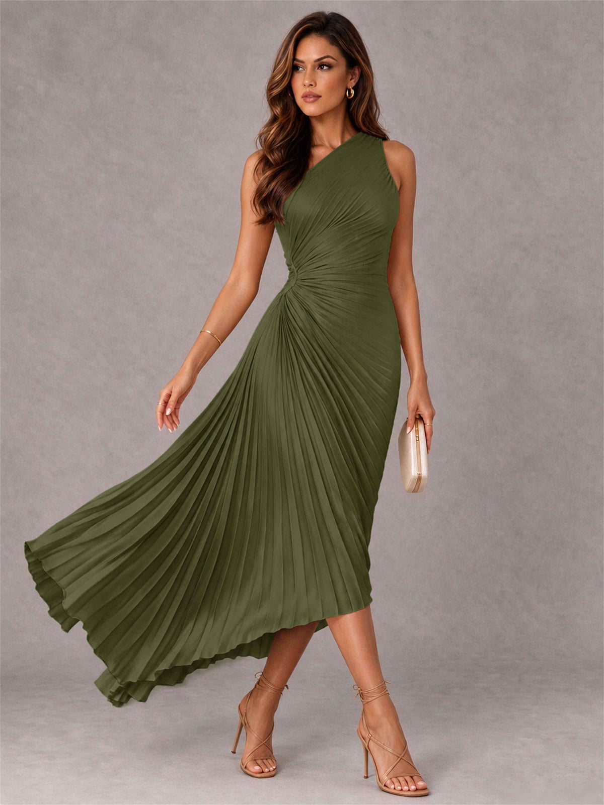One Shoulder Ruched Satin Pleated Sleeveless Wedding Guest Dress