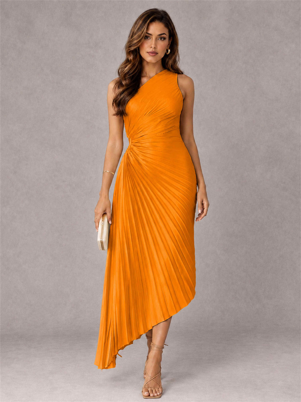 One Shoulder Ruched Satin Pleated Sleeveless Wedding Guest Dress