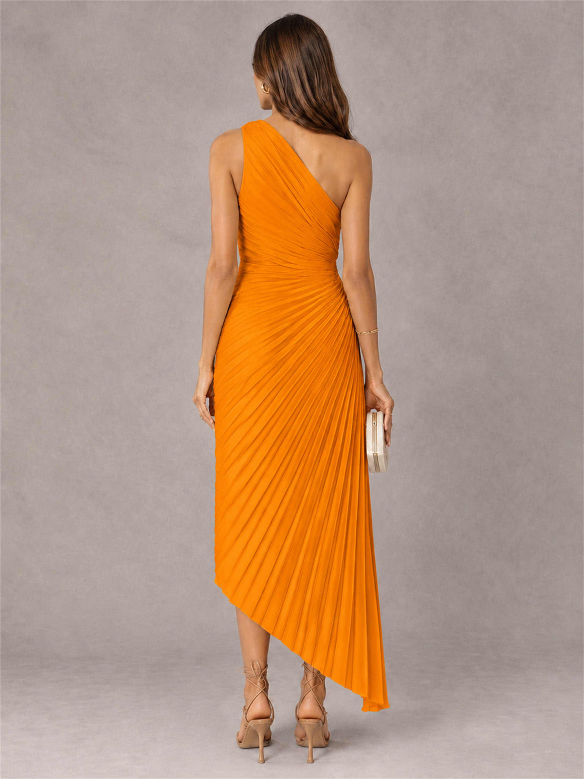 One Shoulder Ruched Satin Pleated Sleeveless Wedding Guest Dress