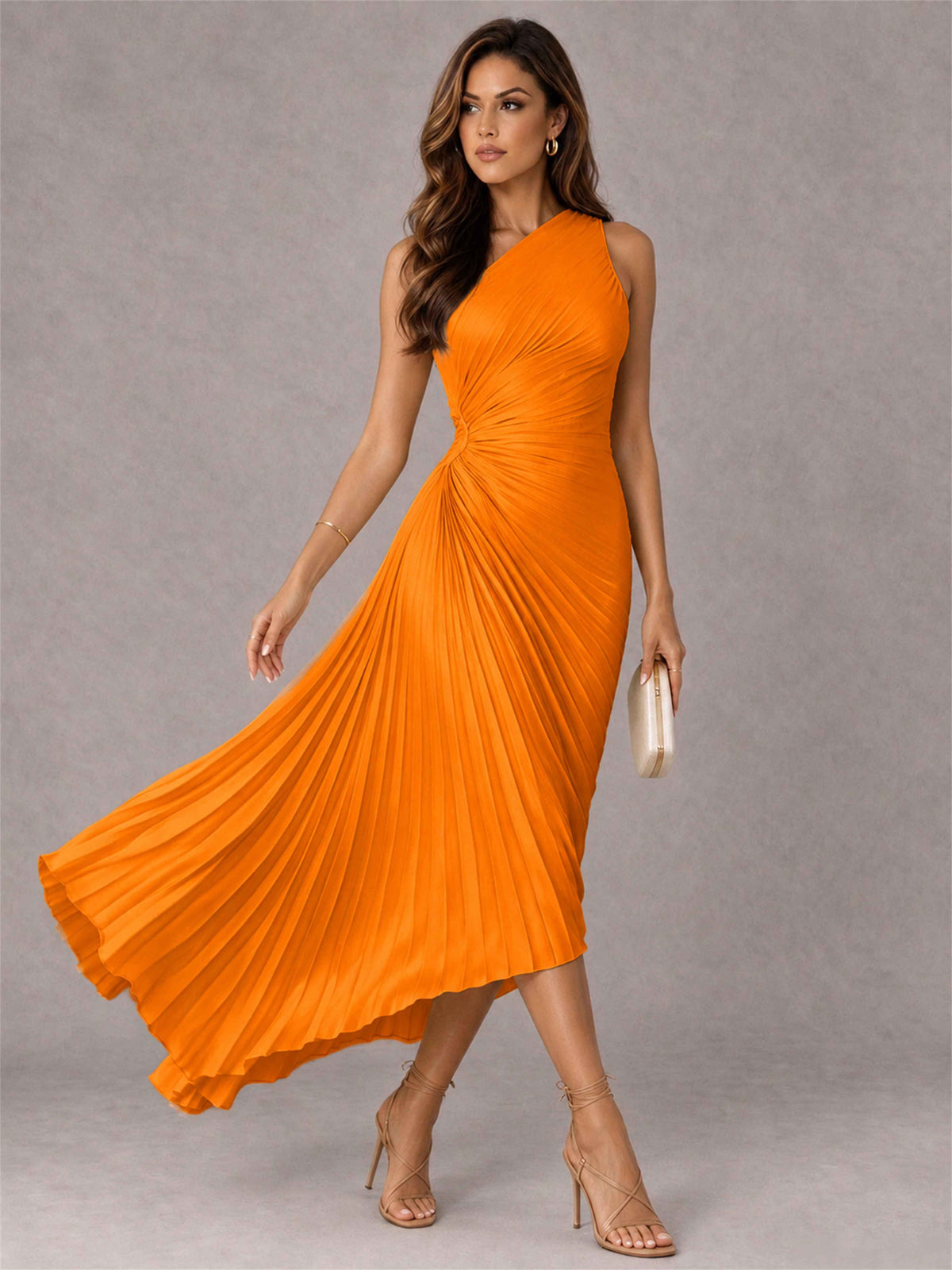 One Shoulder Ruched Satin Pleated Sleeveless Wedding Guest Dress