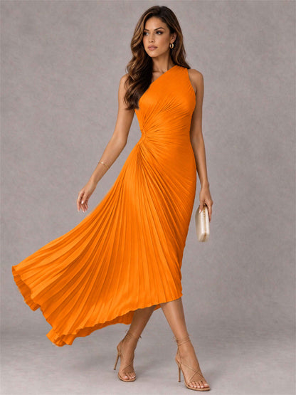 One Shoulder Ruched Satin Pleated Sleeveless Wedding Guest Dress