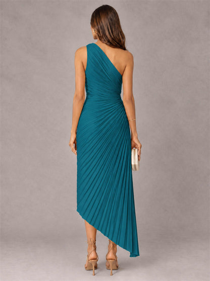 One Shoulder Ruched Satin Pleated Sleeveless Wedding Guest Dress