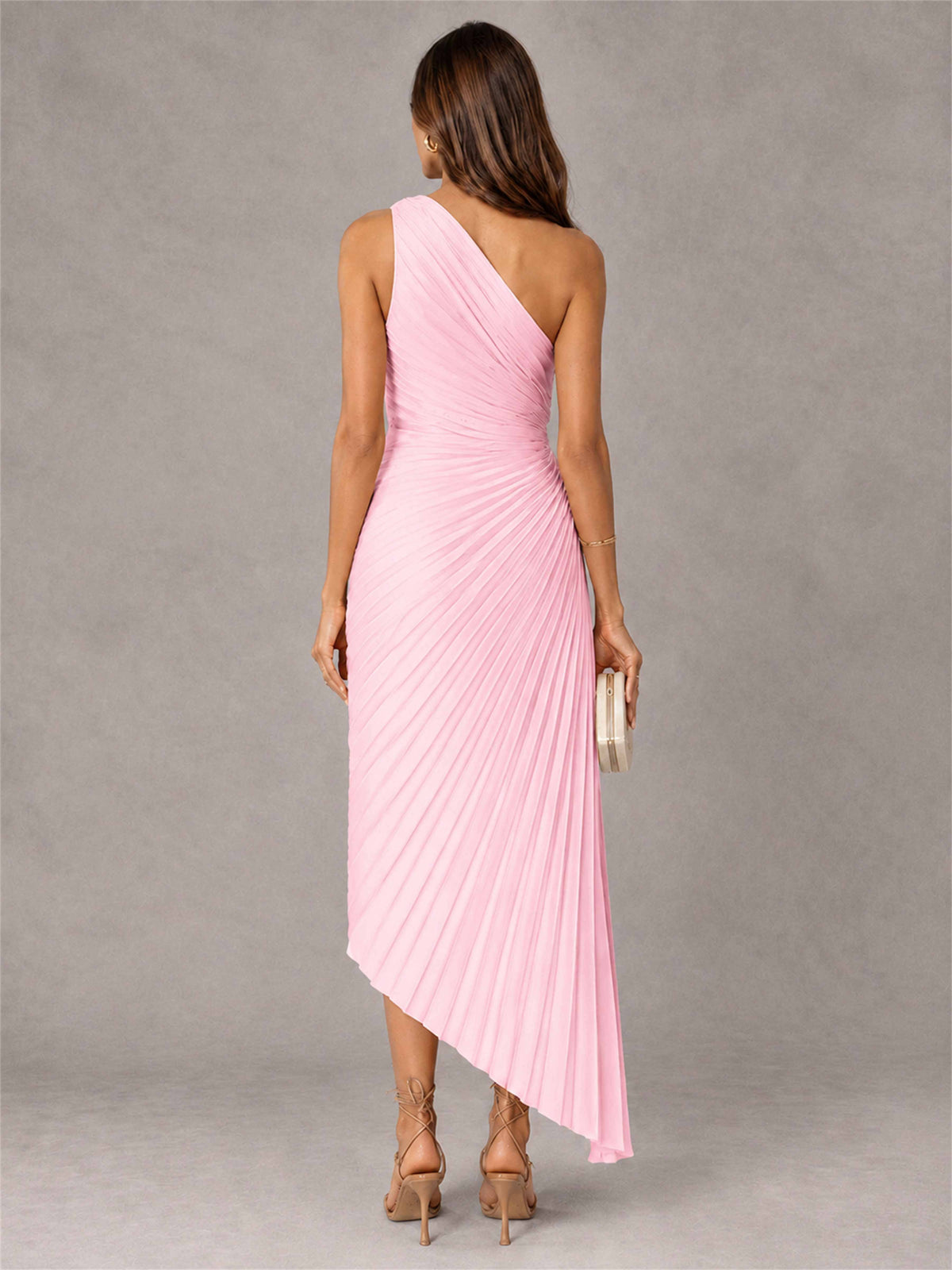 One Shoulder Ruched Satin Pleated Sleeveless Wedding Guest Dress