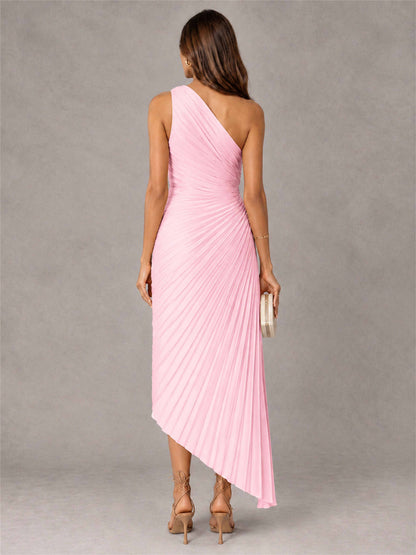 One Shoulder Ruched Satin Pleated Sleeveless Wedding Guest Dress