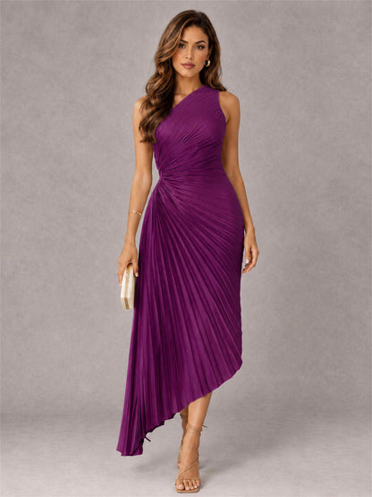 One Shoulder Ruched Satin Pleated Sleeveless Wedding Guest Dress