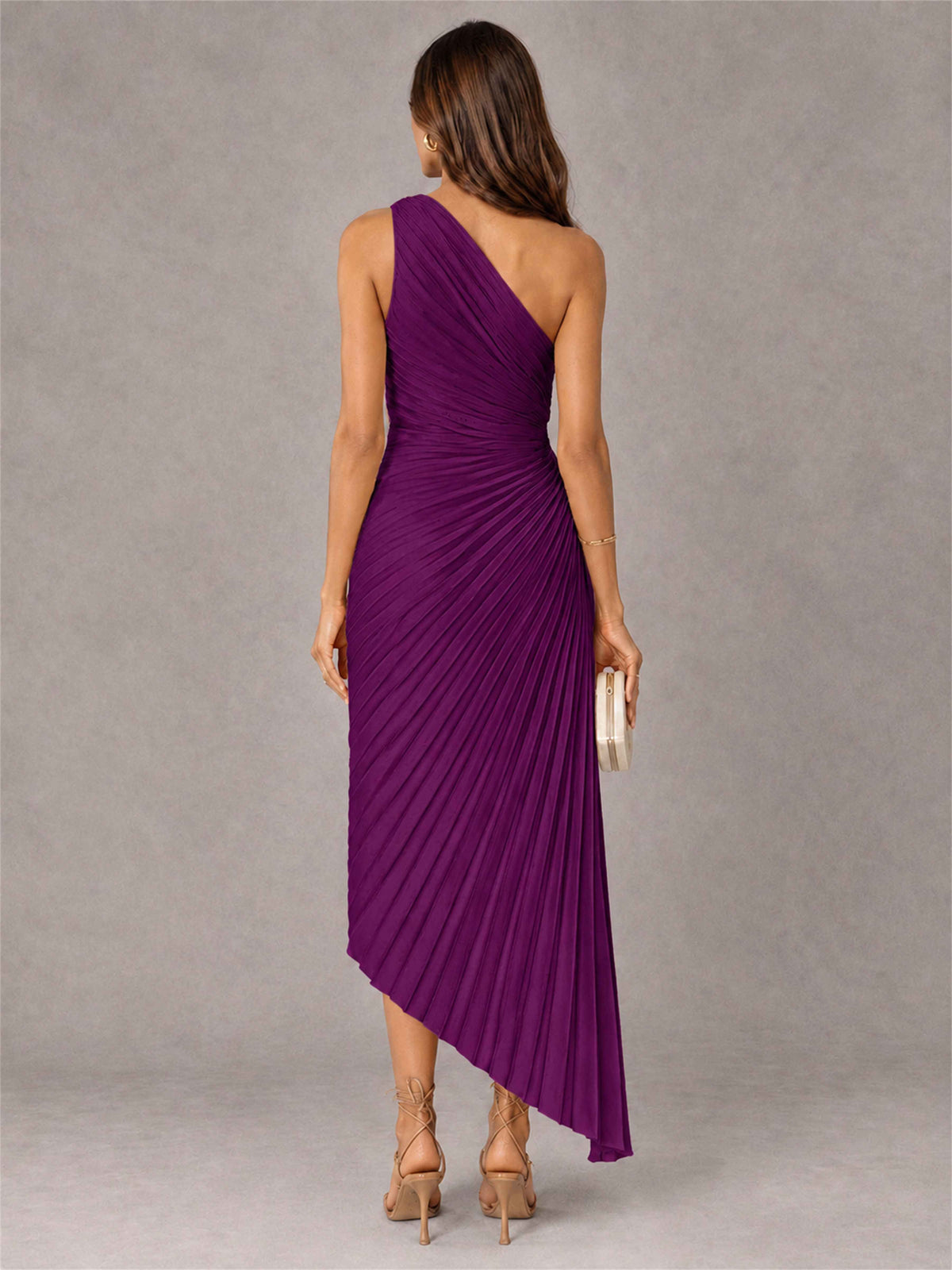 One Shoulder Ruched Satin Pleated Sleeveless Wedding Guest Dress