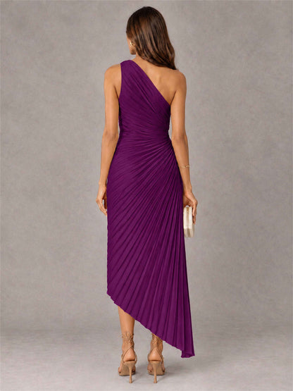 One Shoulder Ruched Satin Pleated Sleeveless Wedding Guest Dress