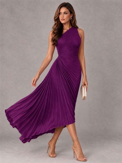 One Shoulder Ruched Satin Pleated Sleeveless Wedding Guest Dress