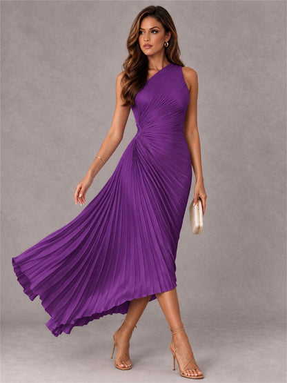One Shoulder Ruched Satin Pleated Sleeveless Wedding Guest Dress
