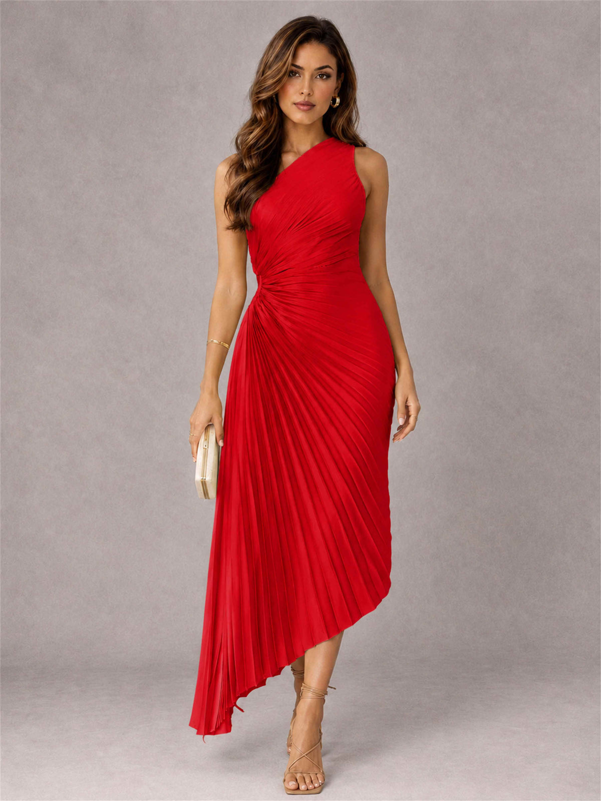 One Shoulder Ruched Satin Pleated Sleeveless Wedding Guest Dress