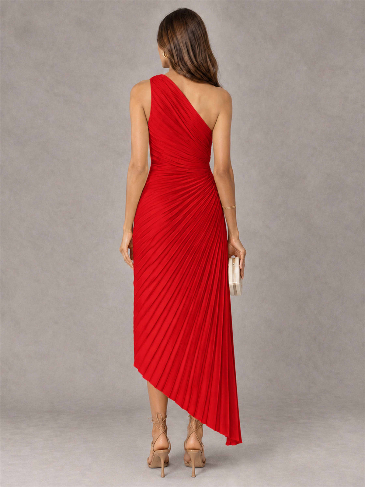 One Shoulder Ruched Satin Pleated Sleeveless Wedding Guest Dress