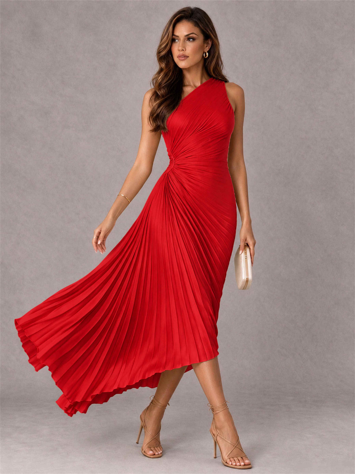 One Shoulder Ruched Satin Pleated Sleeveless Wedding Guest Dress