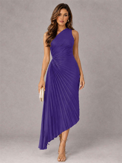 One Shoulder Ruched Satin Pleated Sleeveless Wedding Guest Dress