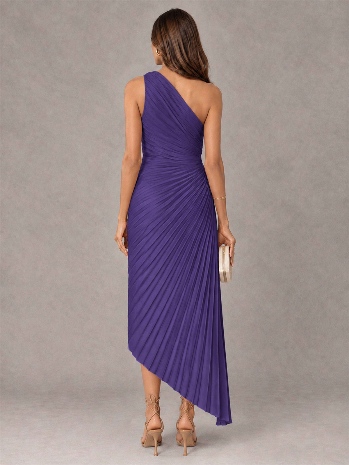 One Shoulder Ruched Satin Pleated Sleeveless Wedding Guest Dress