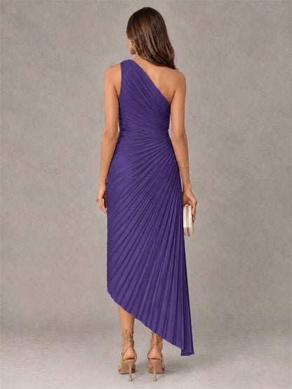 One Shoulder Ruched Satin Pleated Sleeveless Wedding Guest Dress