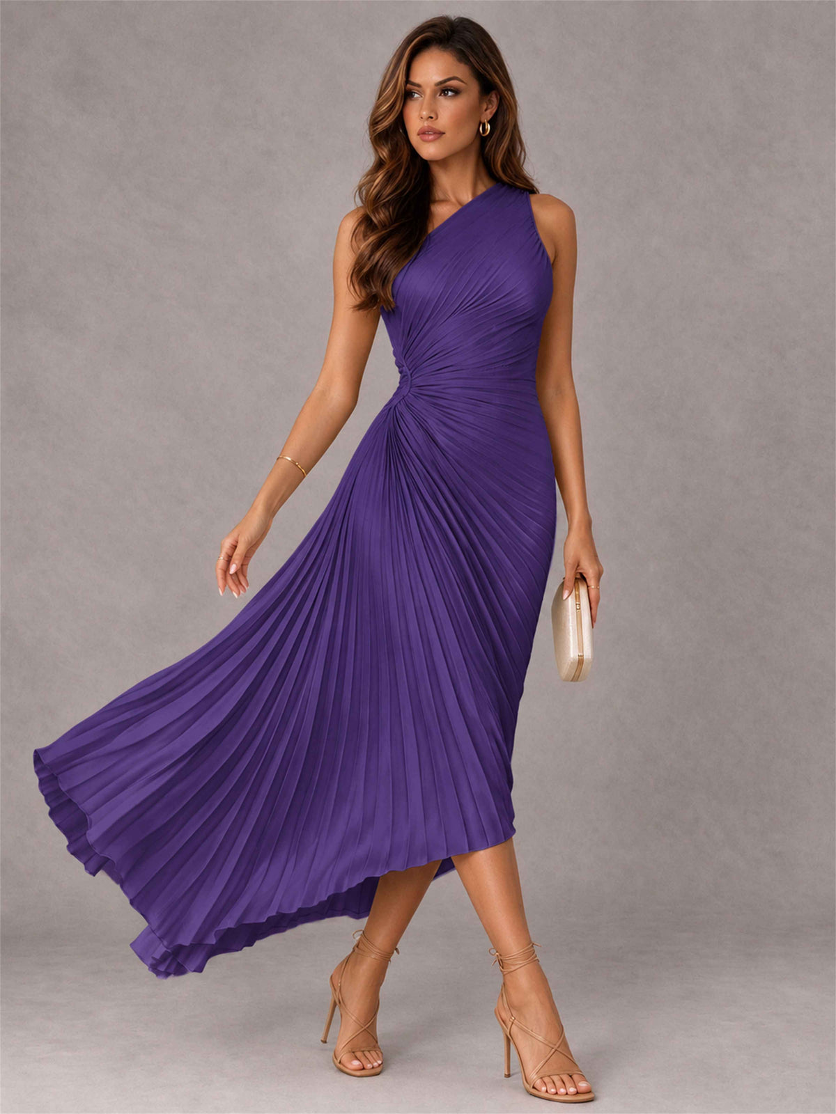 One Shoulder Ruched Satin Pleated Sleeveless Wedding Guest Dress