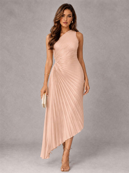 One Shoulder Ruched Satin Pleated Sleeveless Wedding Guest Dress
