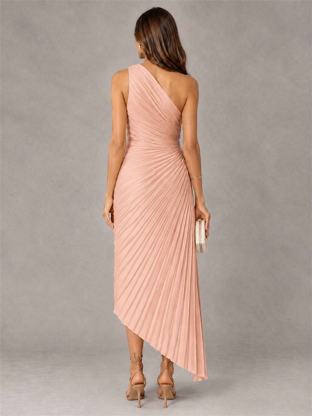 One Shoulder Ruched Satin Pleated Sleeveless Wedding Guest Dress